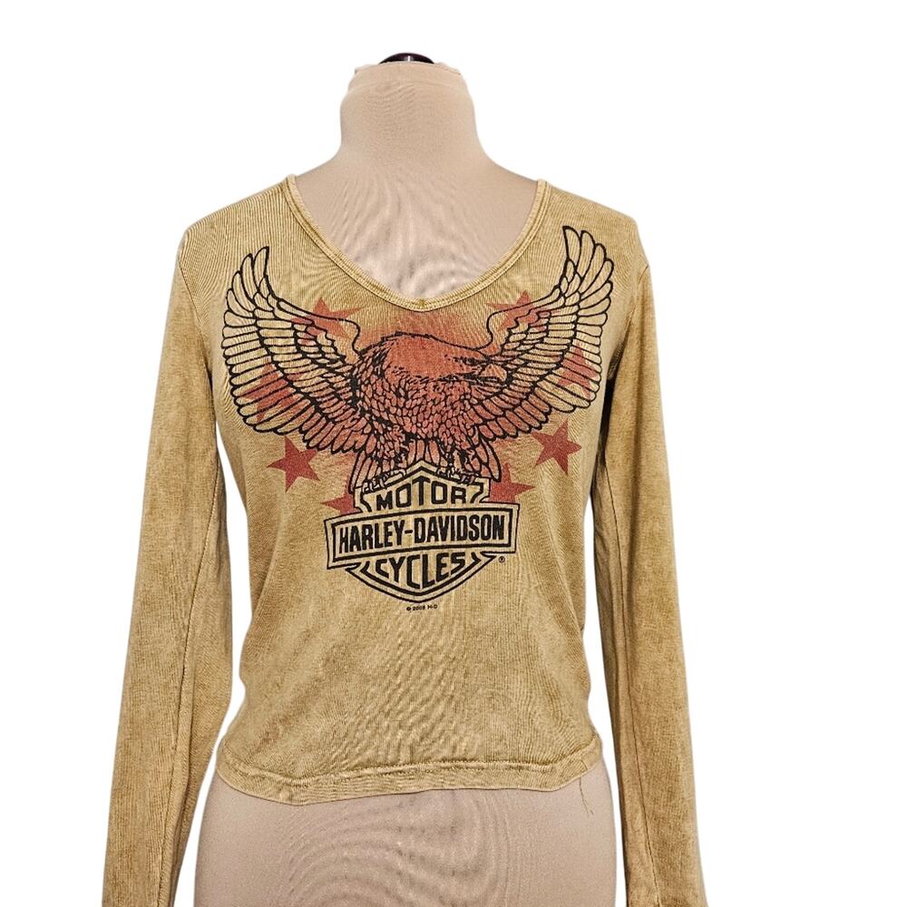 Harley-Davidson Long Sleeve V Neck Top Medium Eagle Graphic Bikercore Acid Wash